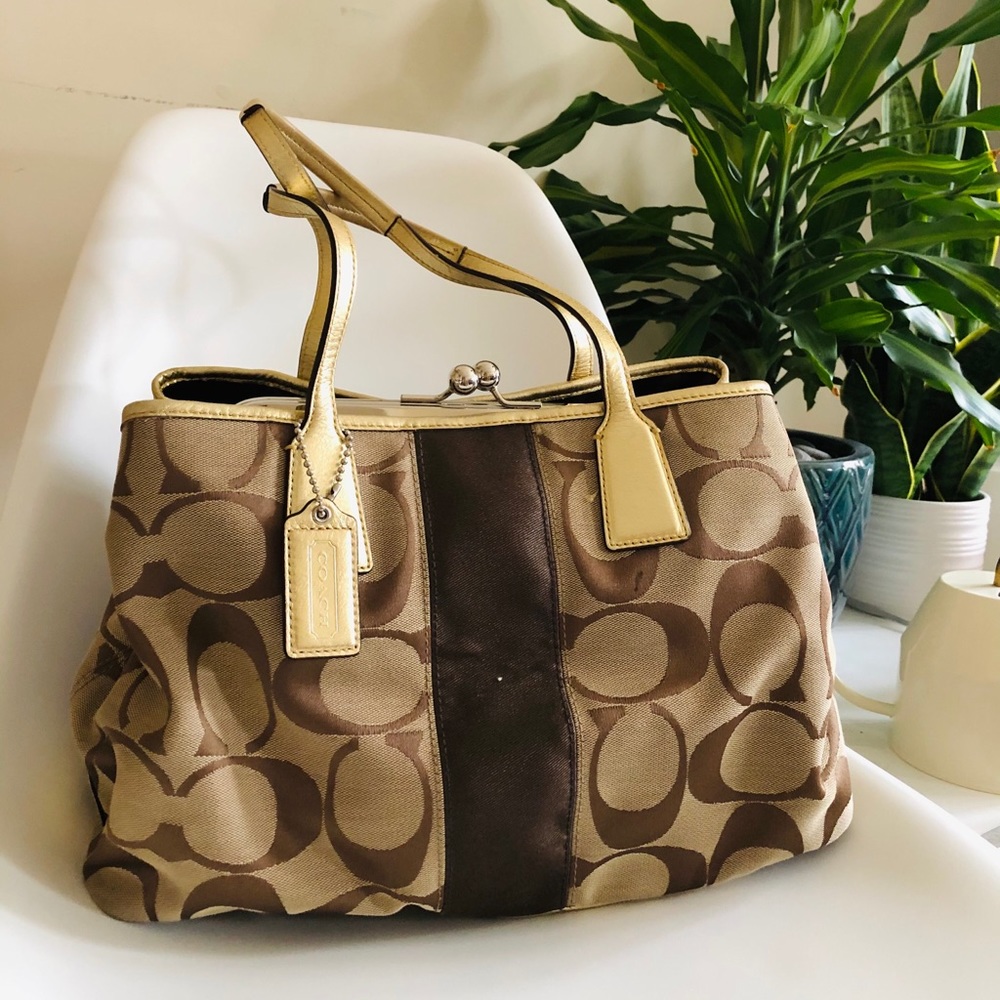 Coach Monogram Gold Trim Shoulder Bag